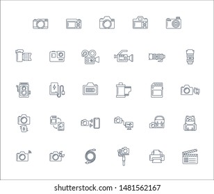 Lineal design icon set of photography camera, cinema or movie camera, action camera and accessories concept. Editable stroke vector icon. 128x128 pixel perfect icon when downsize to 1468x1240.