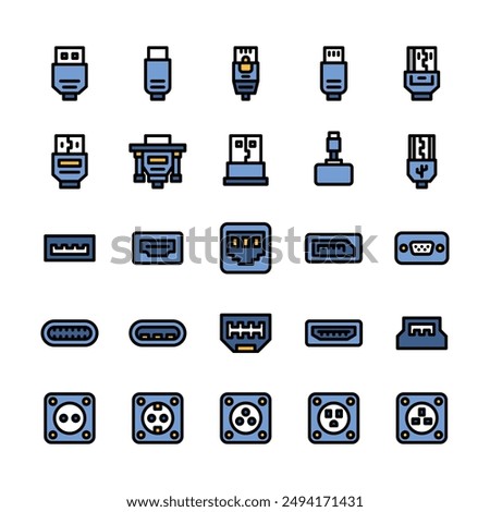 Lineal Fill Connector Port Icon Set