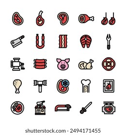 Lineal Fill Meat Butcher Icon Set