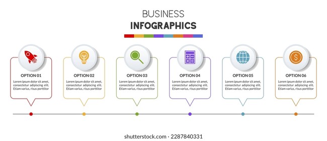 Marco lineal Plantilla de diseño de infografías e iconos con 6 opciones o 6 pasos. utilizar como diagrama de procesos de flujo de trabajo, presentación de datos empresariales, diseño de línea de tiempo, hito, pancarta, folleto, diagrama de flujo