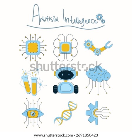 Lineal hand-drawn AI and tech elements featuring robots, neural networks, microchips, data science, and automation icons. Perfect for infographics, presentations, and futuristic designs.