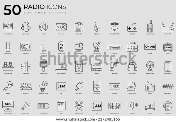Lineal radio icon\
pack. This pack incorporate with fifty different radio icon. Every\
icon stroke editable .
