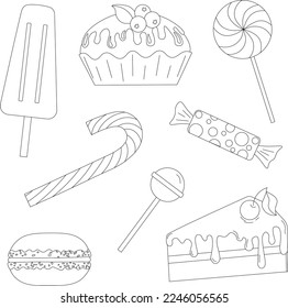 Lineal vector set of doodle pastry and sweets, spiral lollypops, striped bonbons. Ice cream, candy, cake, cupcake, cane, lollipop, macaroon, sugar caramel.  