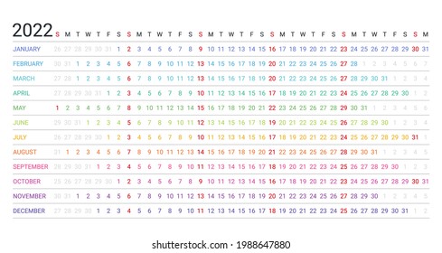 Linear 2022 calendar. Planner template. Vector. Yearly horizontal calender. Week starts Sunday. Annual schedule grid with 12 months. Landscape orientation, english. Simple design. Long illustration. 