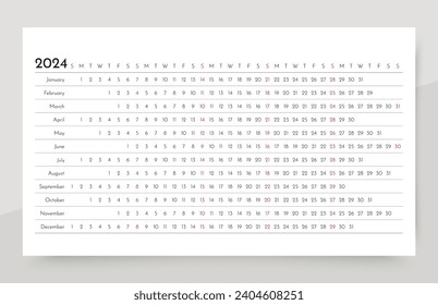 Linear 2024 calendar. Horizontal planner template. Yearly long calender. Week starts Sunday. Annual schedule grid with 12 months. Vector illustration.
