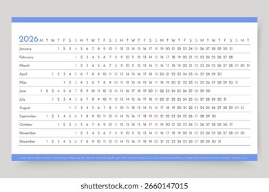 Linear 2026 calendar. Horizontal planner template. Yearly long calender. Week starts Monday. Scheduler grid with 12 month. Layout in simple design. Landscape orientation, English. Vector illustration