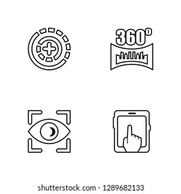 Linear 360 degrees, Eye, 360 degrees, Touch screen Vector Illustration Of 4 outline Icons. Editable Pack Of 360 degrees, Eye, 360 degrees, Touch screen