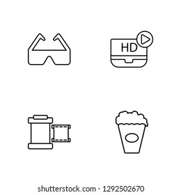 Linear 3D Glass, Camera Roll, HD Video, Popcorn Box Vector Illustration Of 4 outline Icons. Editable Pack Of 3D Glass, Camera Roll, HD Video, Popcorn Box