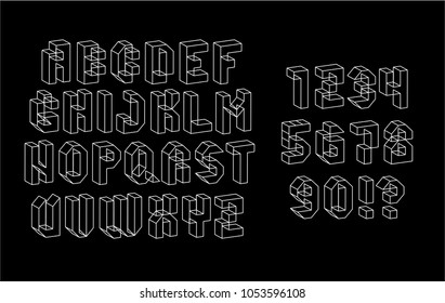 Linear 3d Isometric type. Geometric font and digits. Trendy letters set. Vector cubical typeset.