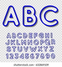 Linear 3D Outline With Shadow font. Vector alphabet with stripes effect letters and numbers.
