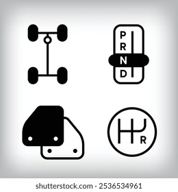 Linear 4 vehicle icon set. Chassis, gear and floor mat vehicle parts and design icon set.