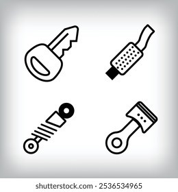 Linear 4 vehicle icon set. switch, exhaust and suspension vehicle parts and design icon set.