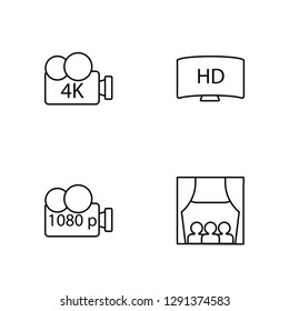 Linear 4K FullHD, 1080p Full HD, HD, People Watching a Movie Vector Illustration Of 4 outline Icons. Editable Pack Of 4K FullHD, 1080p Full HD, HD, People Watching a Movie