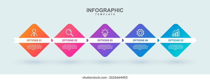 Linear 5 Step Business Infographic with Gradient Diamond Shapes and White Ribbon Timeline	