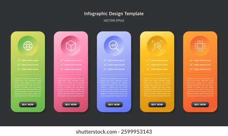 Linear 5 Step Infographic Elements Template for Business Presentation Gradient Modern Design. Horizontal Process Layout with Tech Icons for Web Design, Package Brochure Marketing, Technology Report