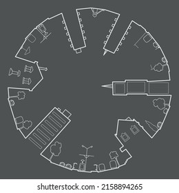 Linear abstract architectural circular sketch city streets on gray background