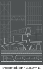 Linear abstract architectural sketch city street with multiple transport on gray background