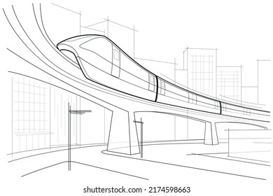 Linear abstract architectural sketch city street with monorail on white background