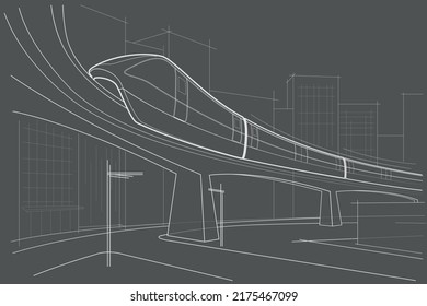 Linear abstract architectural sketch city street with monorail on gray background