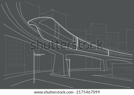 Linear abstract architectural sketch city street with monorail on gray background