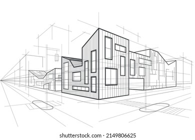 Linear Abstract Architectural Sketch Corner Modern Office Building On White Background