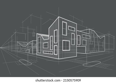 Linear abstract architectural sketch corner modern office building on gray background