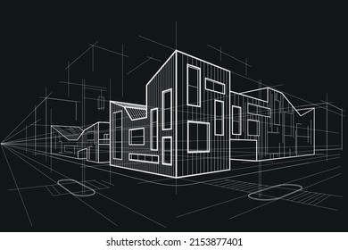 Linear abstract architectural sketch corner modern office building on black background