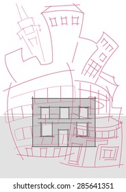 linear abstract architectural sketch imagination game on background of gray reality