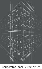 Linear abstract arcitectural sketch multi-storey building perspective on gray background