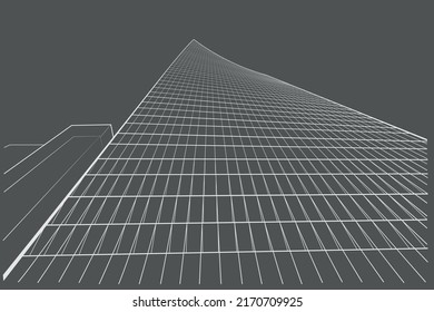 Linear abstract arcitectural sketch multi-storey building in tree-point perspective on gray background