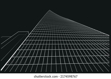 Linear abstract arcitectural sketch multi-storey building in tree-point perspective on black background