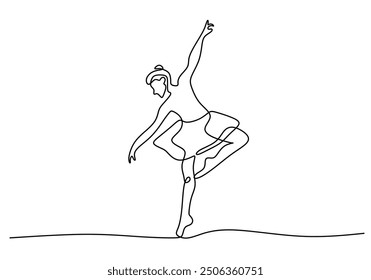 Linear abstract art of a ballet dancer in continuous line style. Ballerina figure isolated in black lines on white background.