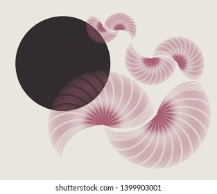 linear abstract card with floating feathers in retro pink brown shades