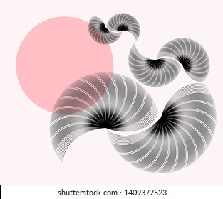 linear abstract card with floating feathers in retro pink black shades