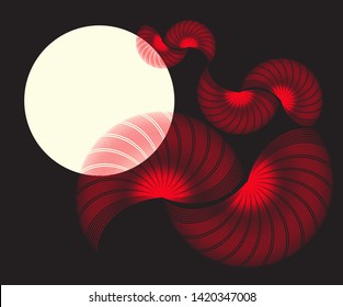 linear abstract card with floating feathers in red night shades