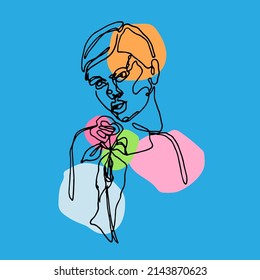 Linear abstract colorful vector illustration of a girl with flower with blue background