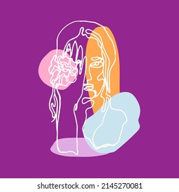 Ilustración vectorial colorida abstracta lineal de una niña con un fondo morado