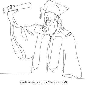 Linear abstract drawing of a female student. Silhouette of a girl in an academic hat. Ideal for decorating graduation photo shoots, invitations. Hand-drawn without artificial intelligence
