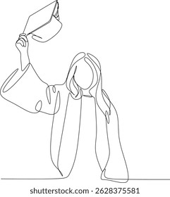 Linear abstract drawing of a female student. Silhouette of a girl in an academic hat. Ideal for decorating graduation photo shoots, invitations. Hand-drawn without artificial intelligence