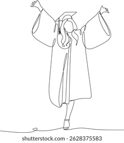 Linear abstract drawing of a female student. Silhouette of a girl in an academic hat. Ideal for decorating graduation photo shoots, invitations. Hand-drawn without artificial intelligence