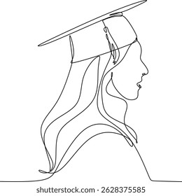 Linear abstract drawing of a female student. Silhouette of a girl in an academic hat. Ideal for decorating graduation photo shoots, invitations. Hand-drawn without artificial intelligence