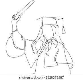 Linear abstract drawing of a female student. Silhouette of a girl in an academic hat. Ideal for decorating graduation photo shoots, invitations. Hand-drawn without artificial intelligence
