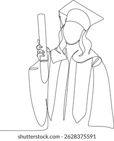 Linear abstract drawing of a female student. Silhouette of a girl in an academic hat. Ideal for decorating graduation photo shoots, invitations. Hand-drawn without artificial intelligence