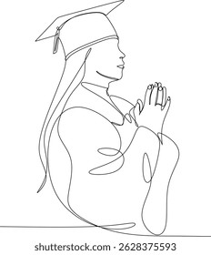 Linear abstract drawing of a female student. Silhouette of a girl in an academic hat. Ideal for decorating graduation photo shoots, invitations. Hand-drawn without artificial intelligence