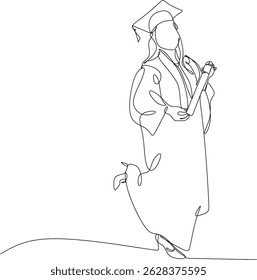 Linear abstract drawing of a female student. Silhouette of a girl in an academic hat. Ideal for decorating graduation photo shoots, invitations. Hand-drawn without artificial intelligence