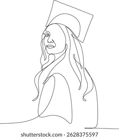 Linear abstract drawing of a female student. Silhouette of a girl in an academic hat. Ideal for decorating graduation photo shoots, invitations. Hand-drawn without artificial intelligence