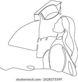 Linear abstract drawing of a female student. Silhouette of a girl in an academic hat. Ideal for decorating graduation photo shoots, invitations. Hand-drawn without artificial intelligence