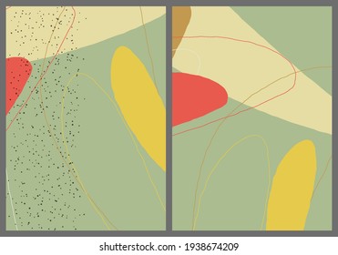 Linear abstract drawing on flat background. Contemporary composition. Modern art, print or poster. Natural color textured with spots and lines. Matte colors.