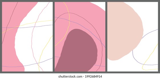 Lineare abstrakte Zeichnung auf flachem Hintergrund. Zeitgenössische Komposition. Moderne Kunst, Druck oder Plakat. Natürliche Farbe strukturiert mit Flecken und Linien. Matte Farben.