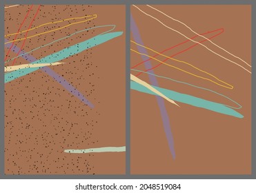 Linear abstract drawing on flat background. Contemporary composition. Modern art, print or poster. Natural color textured with spots and lines. Matte colors.